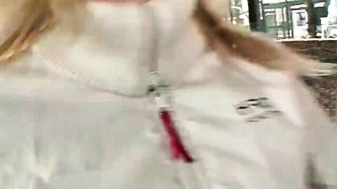 Blonde German MILF in white jacket at outdoor casting audition