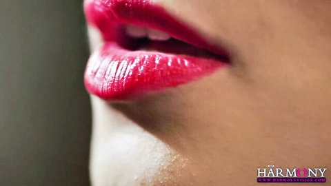 Close-up glossy red lips of hot babe in kinky threesome with Alina Li, Dani Daniels