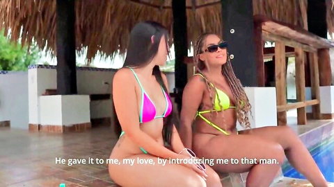 Carla Morelli in pink bikini chats poolside with friend, interracial virgin tease
