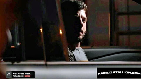 Hairy Leo Valentino in car, intense gaze from Ian Holms & Drew Valentino domination threesome