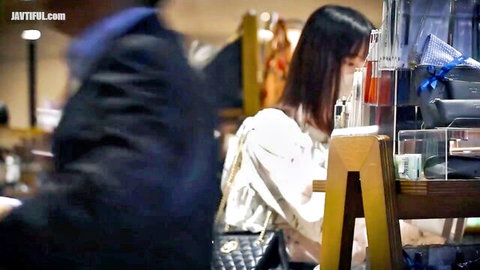 Cute innocent Asian woman in white blouse, seduced in MMF threesome setup