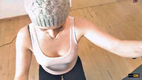 BunnyDiamond in POV blowjob pose, cleavage in tank top and beanie
