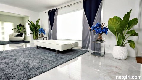 Cleo in elegant modern bedroom setup for ultimate net girl hardcore action