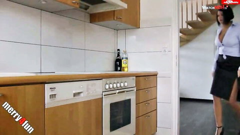 Merry4fun milf in blouse and skirt teasing with huge tits in POV kitchen