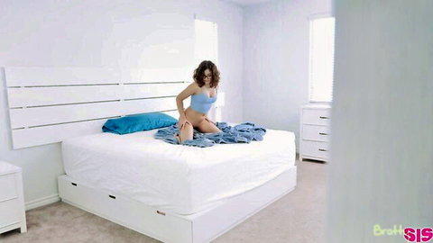 Brunette step-sis in blue thong spreads legs teasingly on bed, Bratty Sis