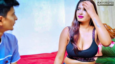 Desi Indian step-sis in black tank top with deep cleavage seduces man on bed