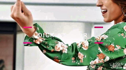 Smiling redhead tranny in green floral dress flips off teasingly before BBC domination