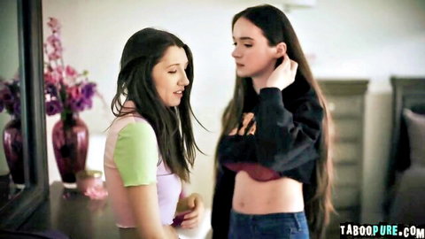 Maya Woulfe with brunette teen in casual crop tops, intimate facesitting tease