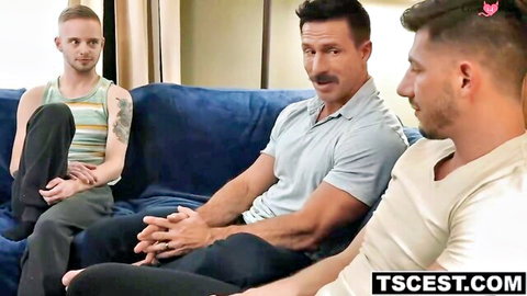 Three fit Caucasian men in casual clothes on couch for taboo threesome