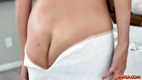 Jasmine Daze oiled MILF exposing shaved pussy under slipping towel