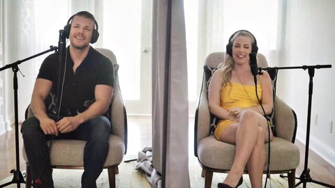 Bunny Madison and Codey in flirty podcast setup, blonde MILF in yellow dress