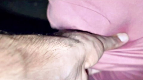 Hairy South Asian man's rough hand groping pink panty-covered pussy mound