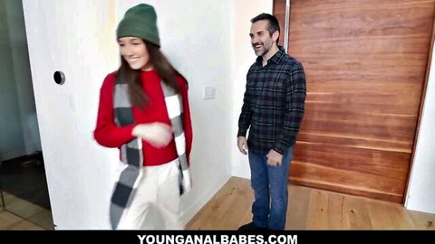 Maya Woulfe in plaid shirt and beanie teases tight ass with butt plug