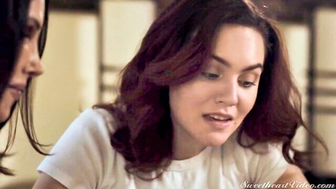 Freya Parker and Shay Sights in close intimate chat, white tees, brunette hair