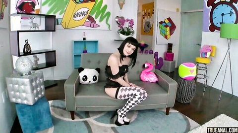 Nala Nova in black lingerie and striped stockings, cute pose for first anal tease