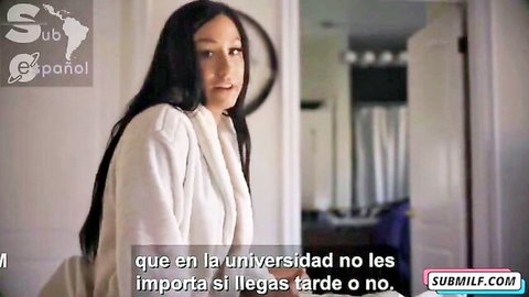 Jennifer White in sexy white bathrobe, long dark hair, surprised expression