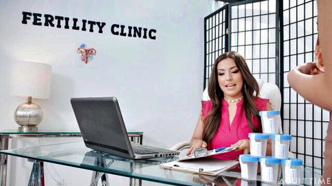 Liv Revamped at fertility clinic desk with semen sample cups in Sperm Bank Overload