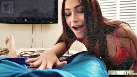 Skinny brunette with small tits gives deep blowjob to daddy POV on bed