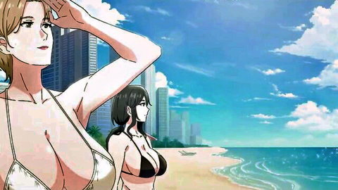 Busty anime MILFs in skimpy gold and black bikinis flaunting massive tits on beach