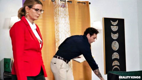 Myra Moans in red blazer dominated by boss in office scene