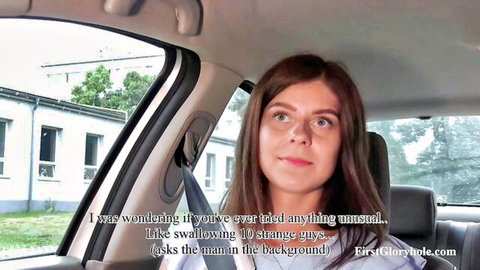 Young skinny mom in car teases before first gloryhole blowjob