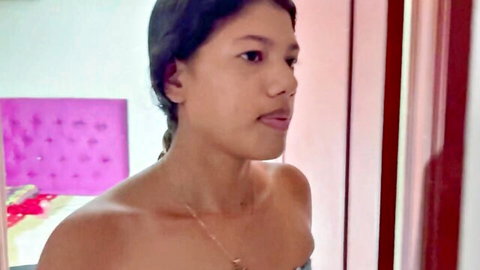 Bashful Latina step-sis teasing with bare shoulders in homemade interracial setup