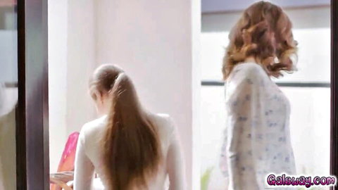Kira Noir, Spencer & Freya in steamy Girlsway threesome, women in white tops