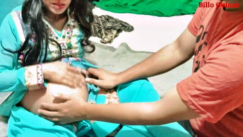 Pregnant Indian stepsis in blue salwar kameez touched by stepbro on beach
