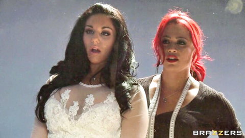 Mia Lelani in sexy white lace wedding dress with redhead beauty, teasing pose
