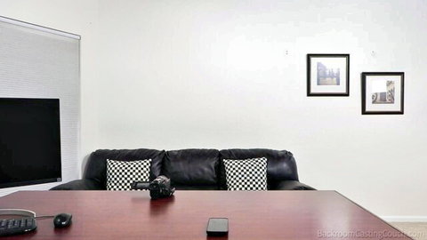 Empty bedroom casting couch room with black leather sofa ready for hot amateur sex auditions