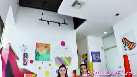 Angelica Cruz and Lenna Lux sharing deepthroat fun with friend