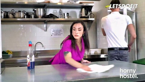 Busty Asian maid in tight pink top cleaning, teasing hostel client