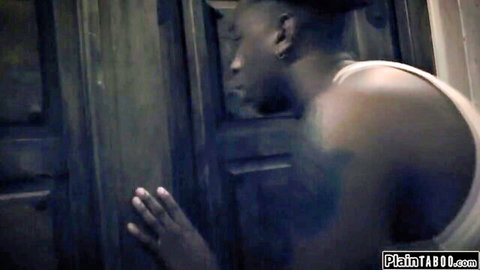 Black man peeks through door in intense interracial threesome tease with Mona Wales