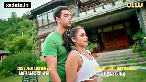 Hot desi bhabhi in white tank top with man in green shirt outdoor tease