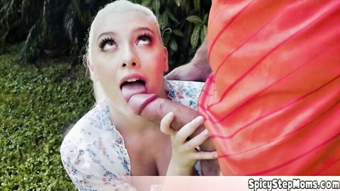 Blonde stepmom Yolly tongues cock in hot taboo FFM threesome