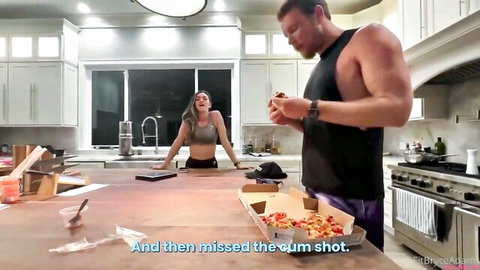 Bryce Adams big natural tits and ass teasing in kitchen with pizza