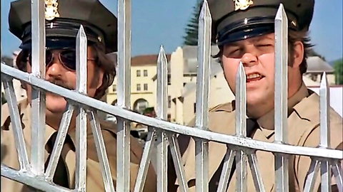 Two uniformed cops with sunglasses and mustaches peer through metal fence at buildings behind