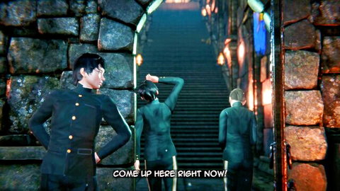 Three slim figures in tight black uniforms beckon on stone stairs inviting you up