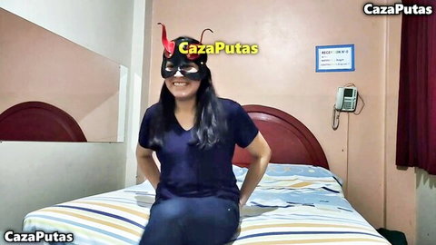 Masked amateur Dina in homemade virginity audition, sitting clothed