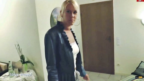 Miley Weasel blonde bombshell in sexy leather jacket POV tease