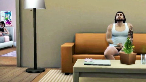 Muscular stepdad in tank top lounging near virgin stepdaughter's bedroom scene