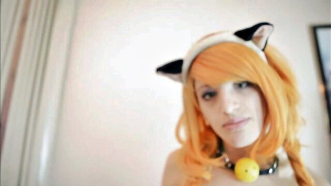 MyCherryCrush as sexy topless catgirl in orange hair cosplay with collar