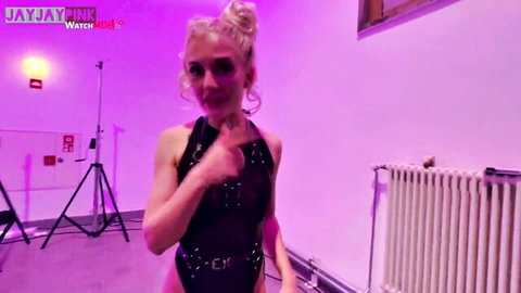 JayJayPink in sexy black harness lingerie, blonde POV tease
