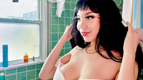 Little Puck mature stepmom exposing large breasts in POV bathroom tease