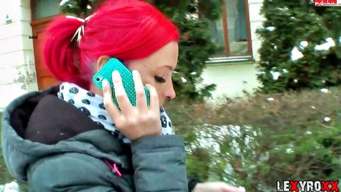 LexyRoxx tattooed redhead teen on phone call outdoors in jacket