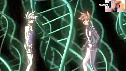 Anime heroines in tight sci-fi suits facing off in green DNA helix setting
