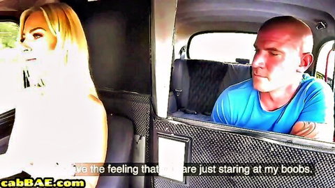 Blonde MILF cab driver teases big-titted client staring at her boobs