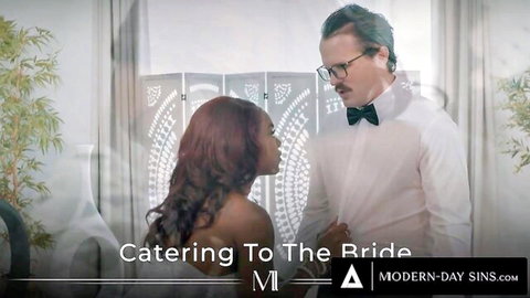 Ana Foxxx as bride in white dress facing cater waiter in bowtie, wedding threesome tease