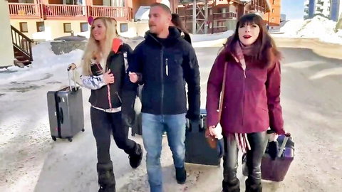 Chloe Duval, Anna Polina & friend arrive at snowy ski resort with luggage, big tits stars tease hardcore gangbang
