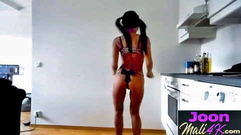 Joon Mali in red string bikini teases big curvy ass while cooking
